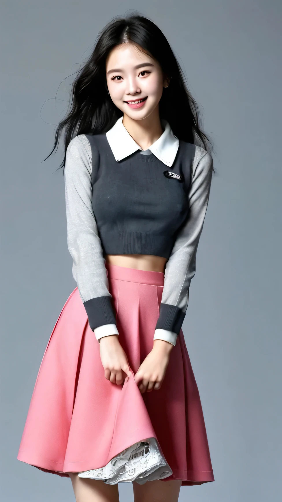(super highest quality、In 8K、Masseter muscle part、nice illustration、Full body), She is wearing a pink knitted suit, wearing a 70cm skirt, nothing exposed、18 year old Korean girl beautiful and charming woman、slim body, breasts big, hands covering breasts, black hair, faintly standing straight and smiling faintly looking forward.
The background is gray.