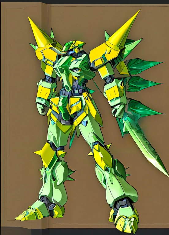 masterpiece, highest quality, Mecha, No humans, (Full body spikes), (green & yellow armor Mecha:1.5), (axial symmetry:1.4),(High resolution), (Cinematic Light:1.1), blue eyes, SF, fire, Laser cannon beam, war, Conflict,, Carries a very large, spiky sword,Agave farm in the background,Real
