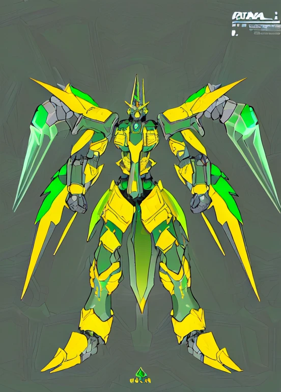 masterpiece, highest quality, Mecha, No humans, (Full body spikes), (green & yellow armor Mecha:1.5), (axial symmetry:1.4),(High resolution), (Cinematic Light:1.1), blue eyes, SF, fire, Laser cannon beam, war, Conflict,, Carries a very large, spiky sword,Agave farm in the background,Real