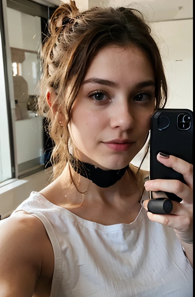 Argentina, 20 years old, blonde, hair tied with a high bun, without makeup, real selfie, low-cut shirt, good tits, low quality, cell phone quality, Chubby, Busty
