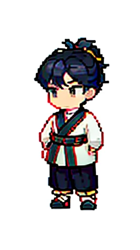 Boy in ancient Chinese costume、Intelligent boy、Looking into the camera、There is a topknot on the head、Long sleeve、Hanfu、Black Hair、Standing and posing with arms crossed、part your bangs in the middle、Pixel art、(masterpiece, highest quality, highest quality), pixel,pixel art,whole body,Romance of the Three Kingdoms characters
