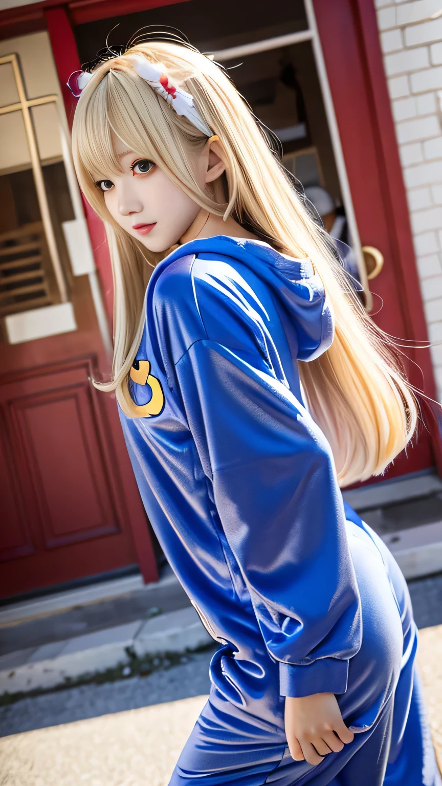 Kigurumi Costume Pajamas、Sexy Big 、A cute 15-year-old girl with a sexy and cute look, beautiful and sexy face、A strong wind blows my hair in front of my face、With straight blonde hair、beautiful, Cute and sexy eyes hidden behind long bangs、Costume pajamas