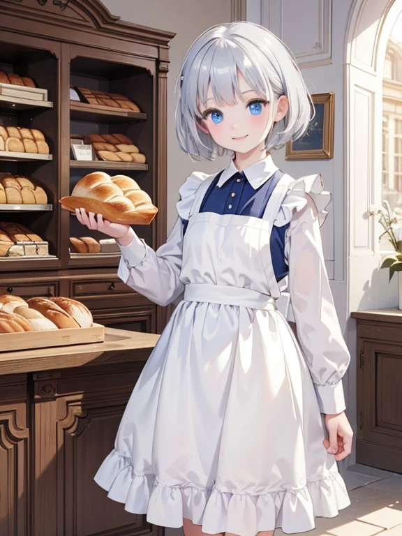 masterpiece, highest quality, Very detailed, 16k, Ultra-high resolution, 8-year-old girl, Detailed face, smile, blue eyes, Silver Hair, short hair, White apron, France, bakery, Inside the store, There are countless breads around, Carrying bread with both hands