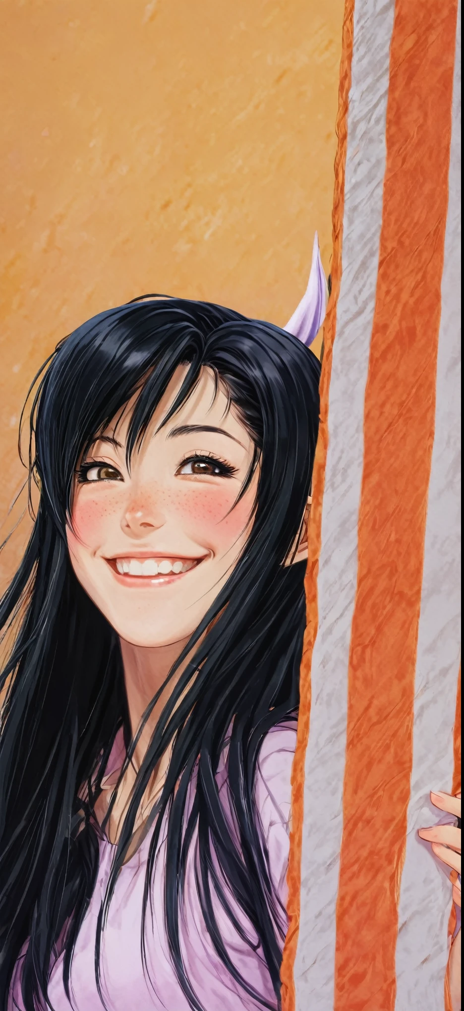 masterpiece, best quality, {best quality}, {{masterpiece}}, {highres}, focus, anime style, portrait, anime image, long hair, black hair, straight eyes, hair covering ears, happy, polished and powerful look, tall, freckles, smiling, colorful, colors  