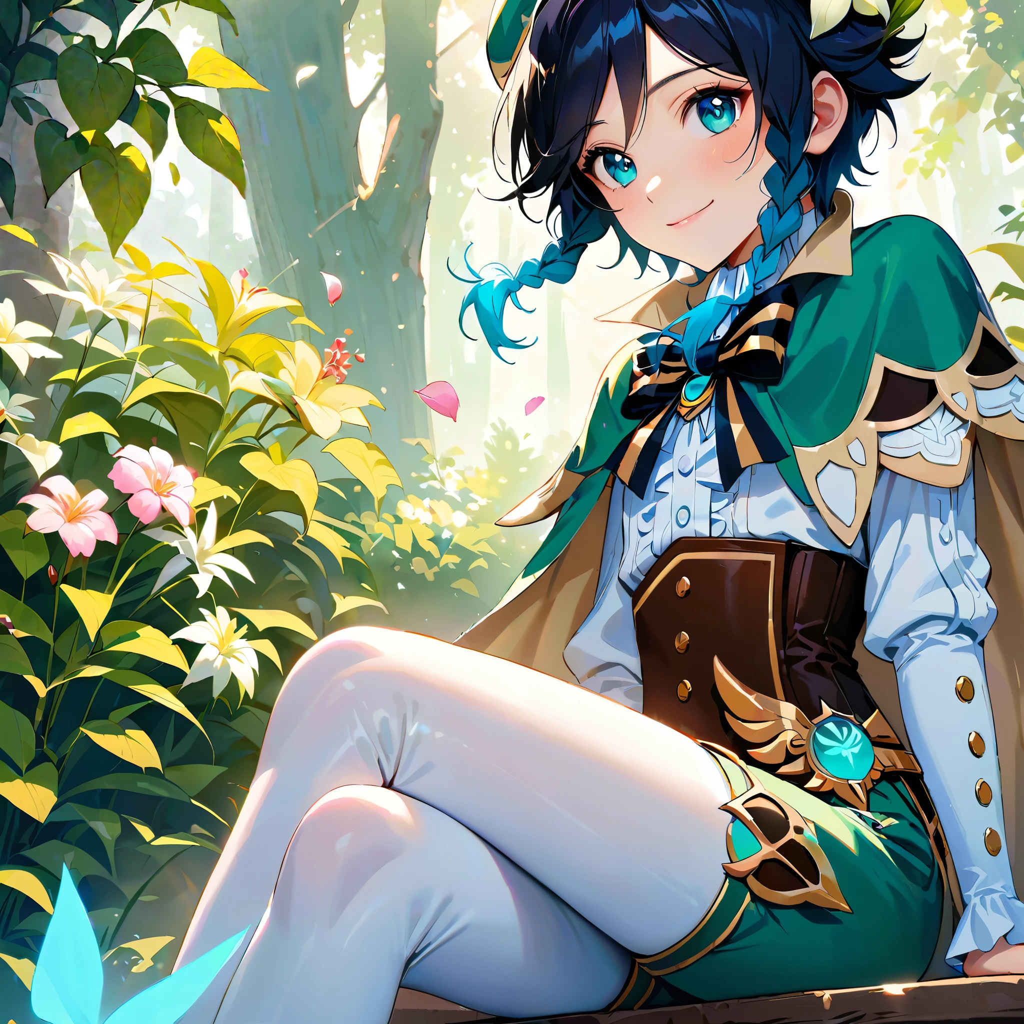 (best quality,4k,8k,highres,masterpiece:1.2),1boy,venti genshin impact,male focus,flat chest,ultra-detailed,realistic,morning of spring,sunlight reflection,delicate light rays,rich color palette,elegant curves,effects of light and shadow,subtle reflections,sparkling gemstones,flower petals falling,springtime essence,ethereal atmosphere,peaceful garden background,morning dew,soft sunlight filtering through trees,plants,komorebi,vividly colored blossoms,harmonious blend of nature and art,transcendent beauty,awe-inspiring artwork,white long-sleeved shirt, brown corset,green shorts, white tights,green cape,hat,brooch,green eyes, smile,cinematic lighting, ray tracing, UHD, high details, high quality, award winning, super detail, 