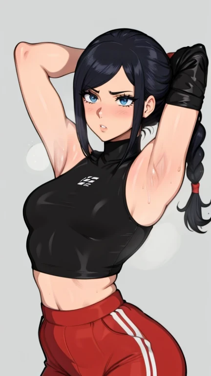gym background、Super detailed illustrations、horny expression、masterpiece、highest quality、ultra high resolution、high resolution、(Sweat、body fluid)、shiny skin、black hair、short hair、red eyes、black croptop turtleneck、sleeveless、Standing picture、hot pants、put hands behind head, armpits, armpits visible, large breasts,
