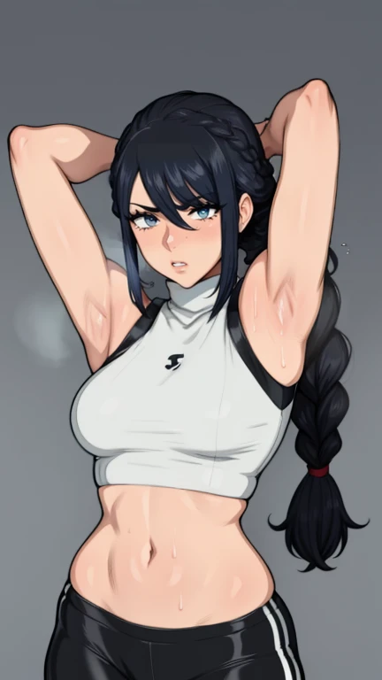 gym background、Super detailed illustrations、Super precise expression、masterpiece、highest quality、ultra high resolution、high resolution、(Sweat、body fluid)、shiny skin、black hair、braid hair、red eyes、black croptop turtleneck、sleeveless、Standing picture、hot pants、put hands behind head, armpits, armpits visible, sweaty armpits, small