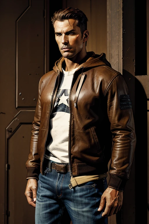 Man in hoodie brown leather jacket on top and darkened face cap and jeans and converse sneakers Heroic Presence Serious and strong pose Standing Rolled-up sleeves 