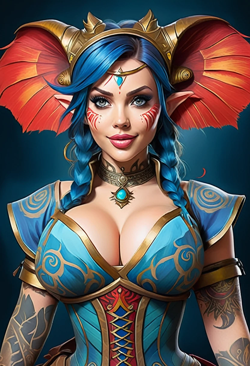 Create an illustrated, hand-drawn, full-color masterpiece with warm lighting and shadows. Incorporate graphite shading, stencil marks, and airbrushed acrylic paint in the style of "Breath of the Wild." The image should feature a beautiful goblin woman with a humanoid, furry appearance and large ears shaped like those of an elephant. She has red skin, bright eyes, luscious thick fleshy lips, and a wide smile. Depict her with a perfect, symmetrical face and a curvy hourglass figure with large breasts. Her face, neck, and arms are covered in intricate blue tattoos, adding a mythic beauty to her. She is wearing a long, flowing, lacey dress with a high neck and long billowing skirts. The background should be detailed and sharp, adding to the overall high-resolution, best quality, and detailed art piece. Scarlett Johanson.