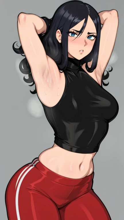 gym background、Super detailed illustrations、Super precise expression、masterpiece、highest quality、ultra high resolution、high resolution、(Sweat、body fluid)、shiny skin、black hair、curly hair、red eyes、black croptop turtleneck、sleeveless、Standing picture、hot pants、put hands behind head, armpits, armpits visible, sweaty armpits, small breasts