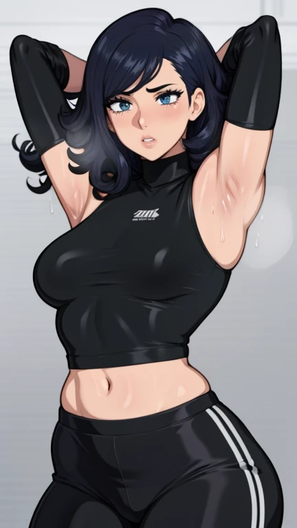 gym background、Super detailed illustrations、Super precise expression、masterpiece、highest quality、ultra high resolution、high resolution、(Sweat、body fluid)、shiny skin、black hair、curly hair、red eyes、black croptop turtleneck、sleeveless、Standing picture、hot pants、put hands behind head, armpits, armpits visible, sweaty armpits, small breasts