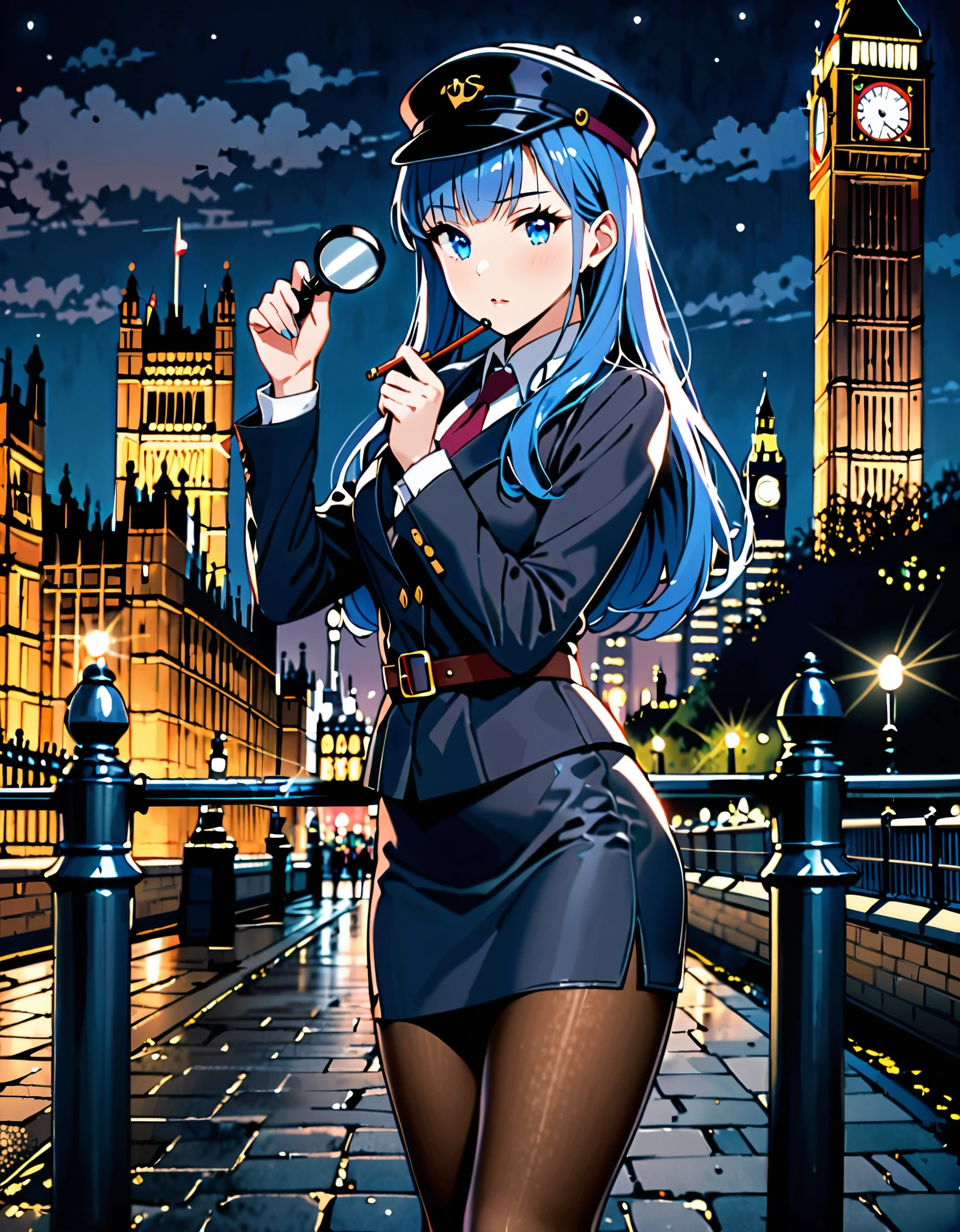 masterpiece, high quality, high res, solo, solo focus, 1girl, blue hair, blue eyes, beautiful detailed eyes, long hair, bangs, boots, hat, knee boots, pantyhose, pencil skirt, skirt, standing, solo, sherlock holmes cosplay, (perfect hands, holding magnifying glass), london backdrop, night