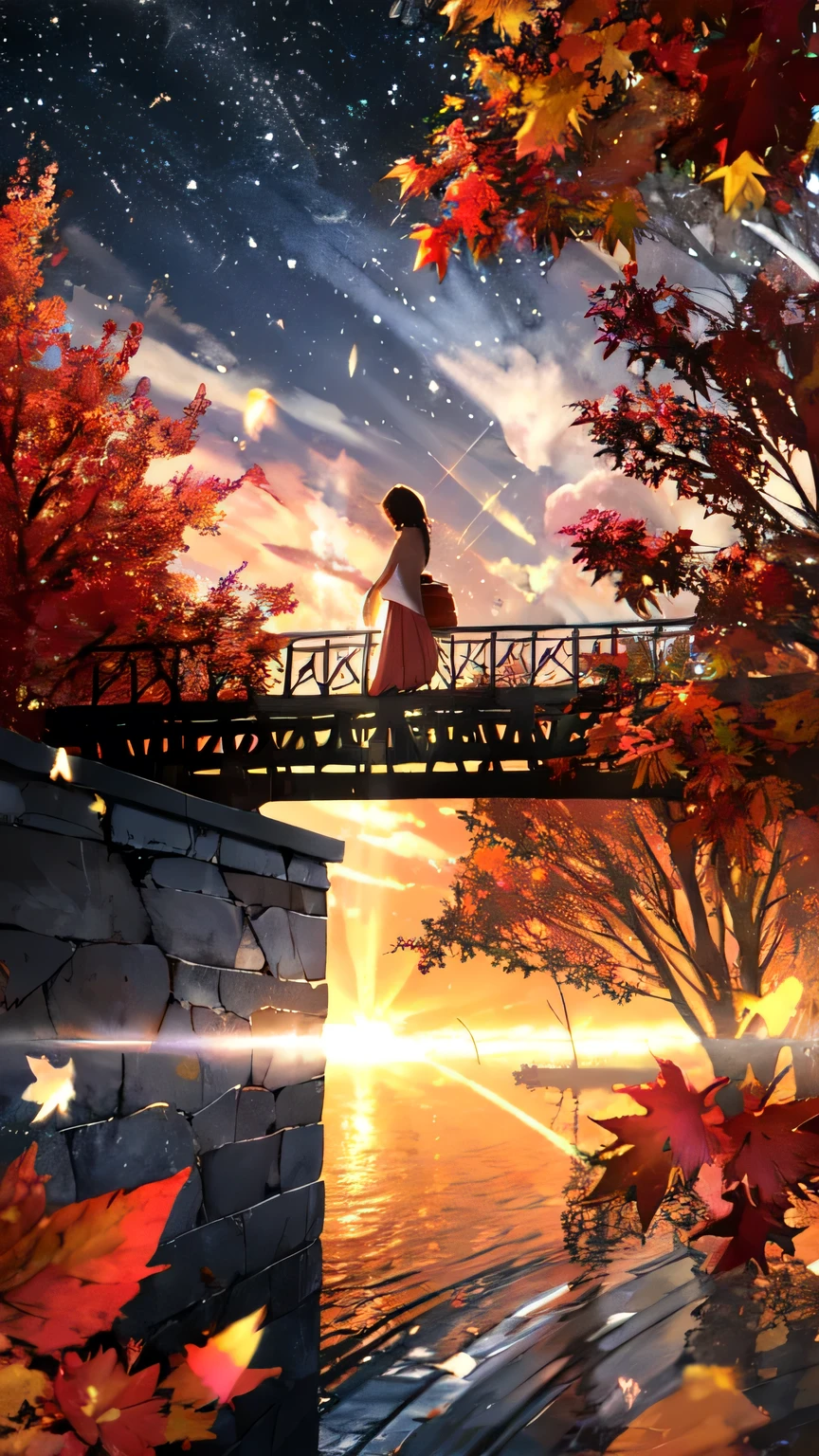 masterpiece, highest quality, Night view、autumn leaves、bridge、mysterious