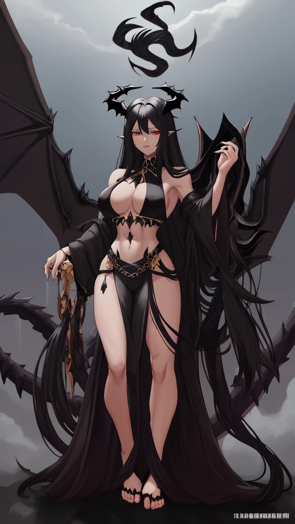 black long hair woman,goddess,,cleavage,black dragon horn,black dragon wing,black dragon scale,black dragon tail,Abdominal muscles,,claws,Thong full body standing dark cloud thunder and lightning