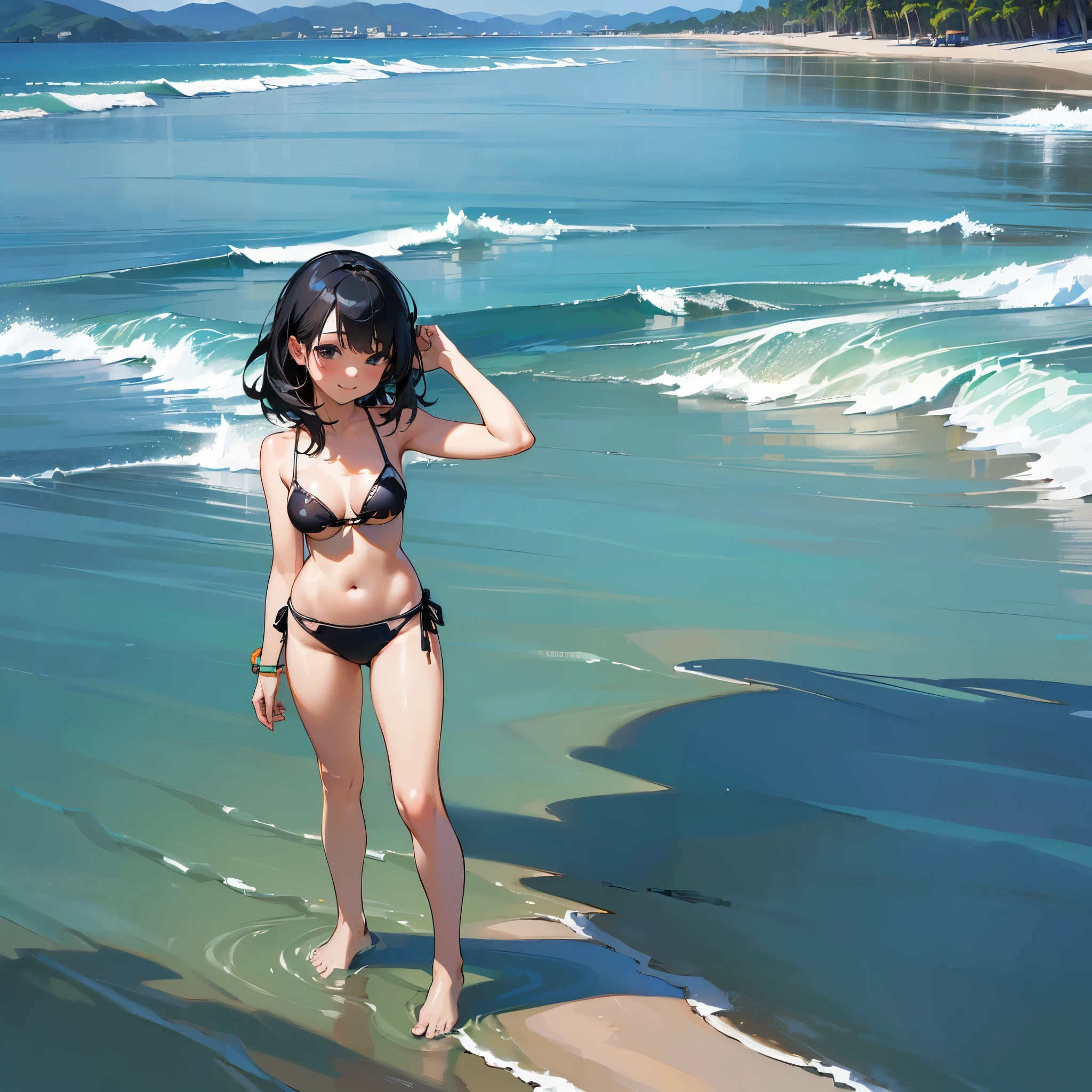 (high quality, High resolution, Very detailed, reality:1.37), Peaceful atmosphere, (Sandy Beach), Teenage girl standing alone, (my breasts are big.), Beautiful details, Cute Smile, (Black bob hair), Bikini Swimwear, barefoot.
