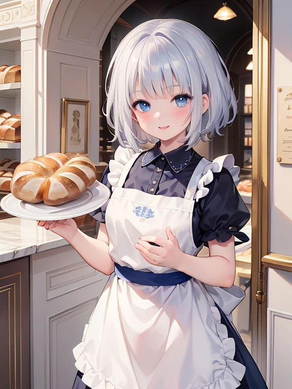 masterpiece, highest quality, Very detailed, 16k, Ultra-high resolution, , Detailed face, smile, blue eyes, Silver Hair, short hair, White apron, France, bakery, Inside the store, There are countless breads around, Carrying bread with both hands