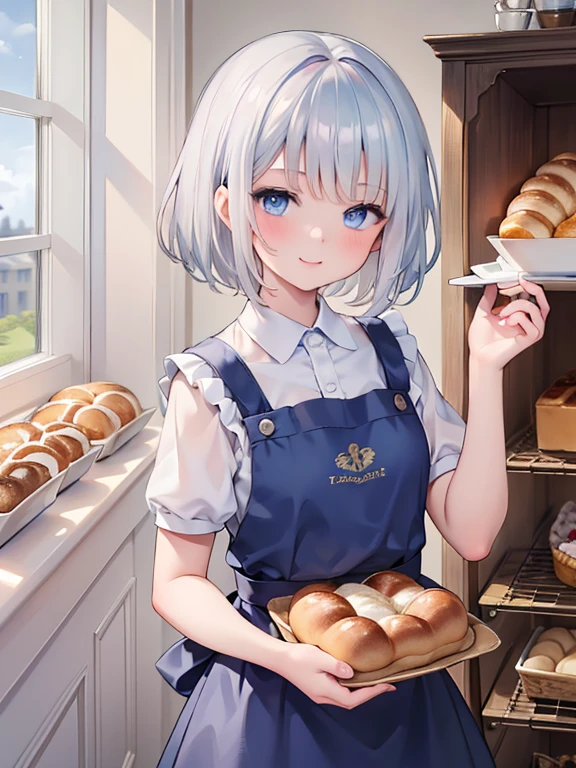 masterpiece, highest quality, Very detailed, 16k, Ultra-high resolution, -yeld gi Detailed face, smile, blue eyes, Silver Hair, short hair, White apron, France, bakery, Inside the store, There are countless breads around, Carrying bread with both hands