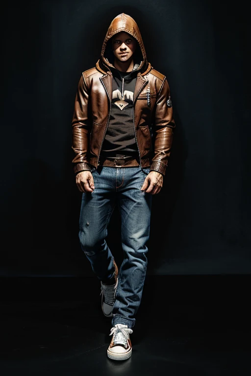 Man in hoodie Hooded and on top  brown leather jacket on top and darkened face cap and jeans and converse sneakers Heroic Presence Serious and strong pose Standing Rolled-up sleeves 