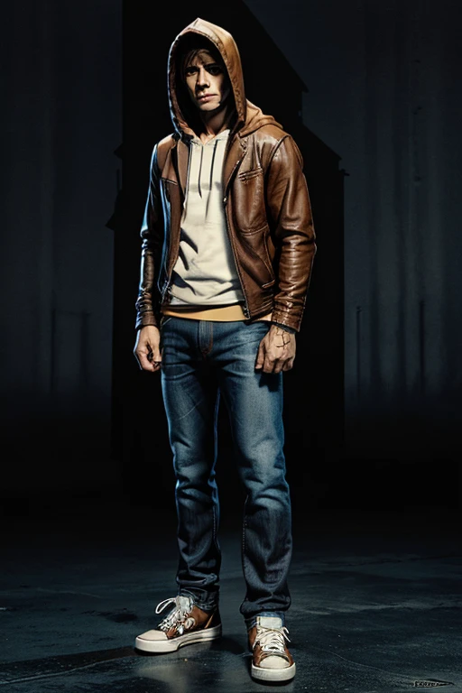 Man in hoodie Hooded and on top brown leather jacket on top and darkened face cap and jeans and converse sneakers Heroic Presence Serious and strong pose Standing Rolled-up sleeves
