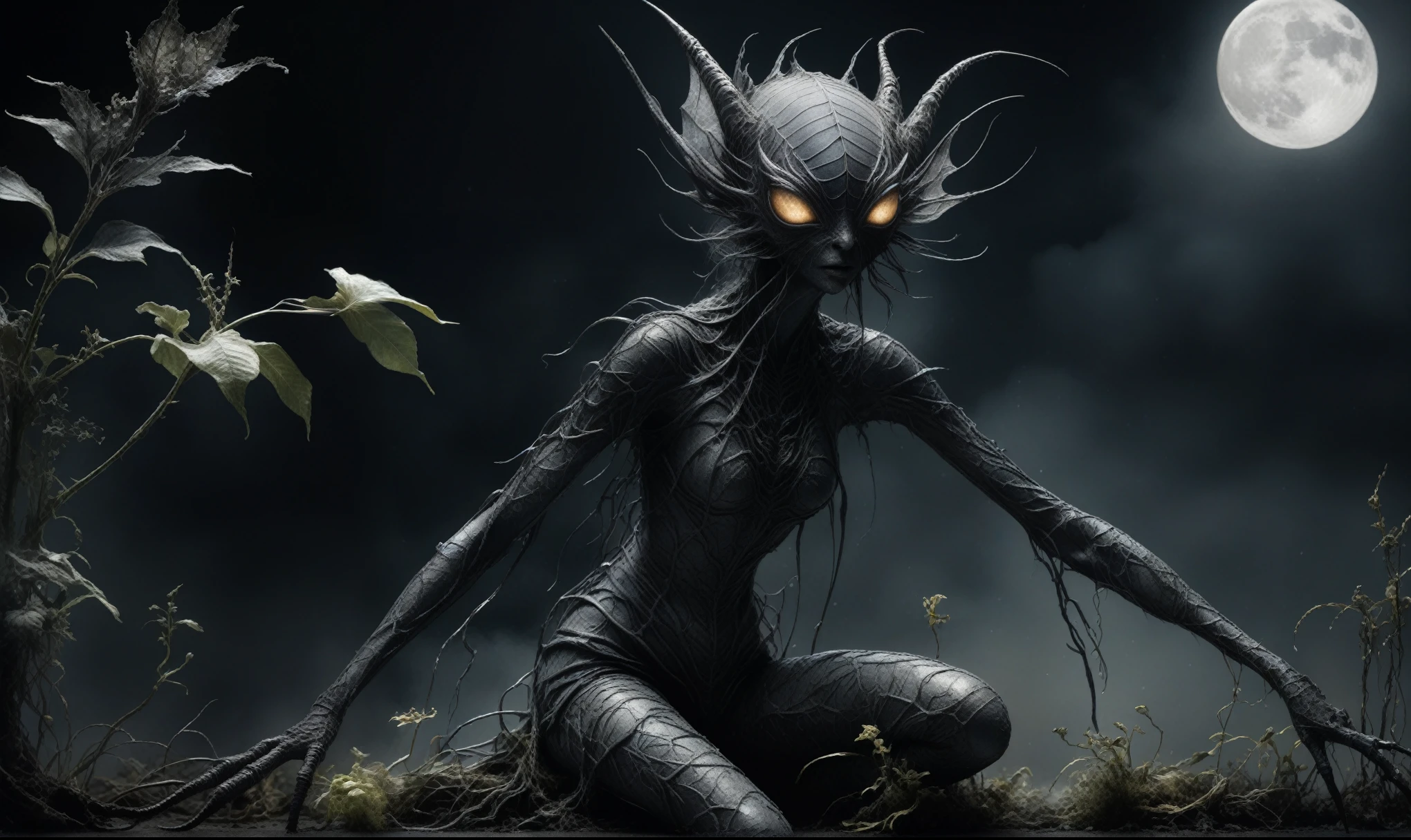 Quentin Blake Style Photography - Surreal、1、hight resolution、Beautiful fece、top-quality、masterpiece、ighly detailed,full body length,once pretty,full body,bailong plant girl made of dead plants,a girl made of charcoal plants,charcoal The Alien Entity,ominous landscape, niobium graphite atmosphere,dangerous atmosphere,intricate details,realistic graphite skin,extremely intricate details,Epic Realistic,At night, light shone on her,anatomically correct,eyes extremely detailed, high detailed eyes,UHD,Retina,HDR,Technicolor,natural skin textures, hyper realism, hyper detailed,High contrast,Realism,Ultra Detailed,irina yermolova,close full body shot, masterpiece,faded,8k resolution,RAW, Nikon Z9,pixie,nicola samori,ominous dragon wing,spider