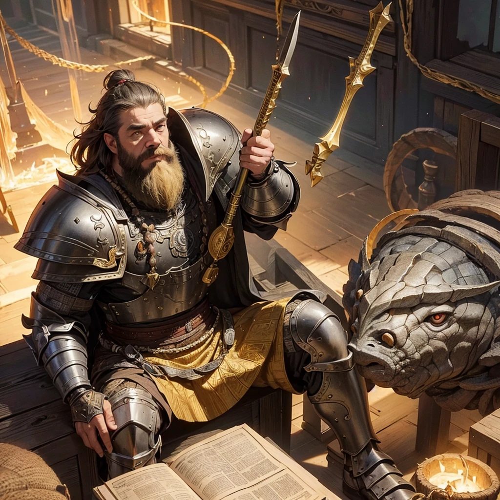 a dwarven warrior inspired by celtics that has travelled continents, is age shows wisdom and his build show signs of battles with sea serpents, giants and everything else the gods could imagine, he sits on a golden chair, he holds a dubble edged ancient legendary axe, he wears half-plate armor made of cooper and his hair is blonde with patches of red, the image is tinted like a old treasure map, a memorial portrait.