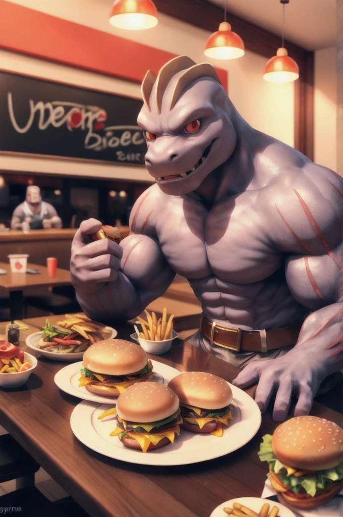 3d render, cryengine, machoke, muscular, arm marking, red eyes, black briefs, belt,looking at viewer, smiling, happy,
sitting, indoors, diner, table full of food, eating food, burgers and fries, detailed background, 
playful ambiance, extremely detailed,  HDR, 