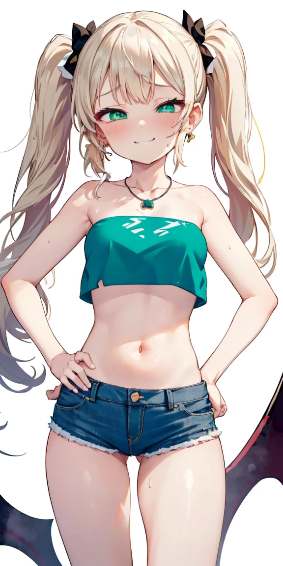 1 girl,heart-shaped pupils, hand on hips, blond hair, blonde hair, (((golden blond hair))), ((green eyes)), green colored eyes, long hair, ((((long twintails)))), Upper body, trembling, Sweat, Sweatdrop, heart, (speed line:1.1), ((Flat milk)), ((heavy breathing:1.3)), like, heart, mesugaki look, Yandere, ((jagged teeth)), small breasts, (((white crop top))), ((solid white crop top)), ((strapless)), midriff, ((short denim shorts)), cowboy shot, ((twin tails)), ((tsundere)), (((evil smile, mesugaki look, smile))), ((earrings)), ((silver necklace)), ((Pink bows)), simple white background, sleveless, adult, (Standing footjob pov, male, male penis)