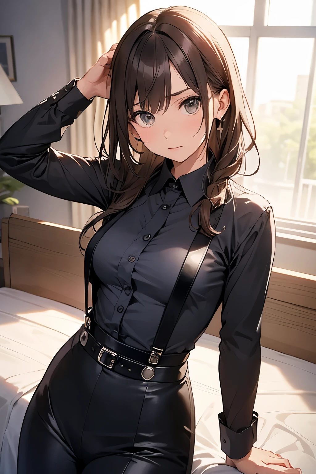 Brown Hair、Staring at the audience Black suspenders bulging big breasts wall: Black pantsuit sight Small face holster Beautiful woman Show your hand Lying in bed sight Taunt side side汗 arm Dress shirt Black Suit belt summer Armpit sweat