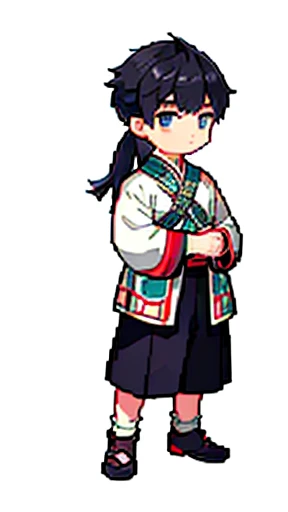 Boy in ancient Chinese costume、Intelligent boy、Looking into the camera、There is a topknot on the head、Long sleeve、Hanfu、Black Hair、Standing and posing with arms crossed、part your bangs in the middle、Pixel art、(masterpiece, highest quality, highest quality), pixel,pixel art,whole body,Characters of Romance of the Three Kingdoms