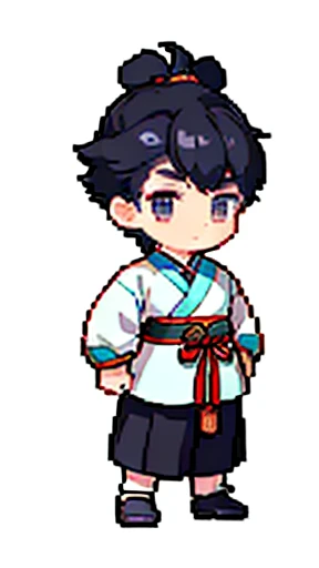 Boy in ancient Chinese costume、Intelligent boy、Looking into the camera、There is a topknot on the head、Long sleeve、Hanfu、Black Hair、Standing and posing with arms crossed、part your bangs in the middle、Pixel art、(masterpiece, highest quality, highest quality), pixel,pixel art,whole body,Characters of Romance of the Three Kingdoms