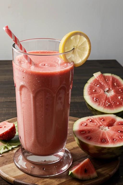Create a watermelon and strawberry puree drink with mineral water and a touch of lemon with ice 