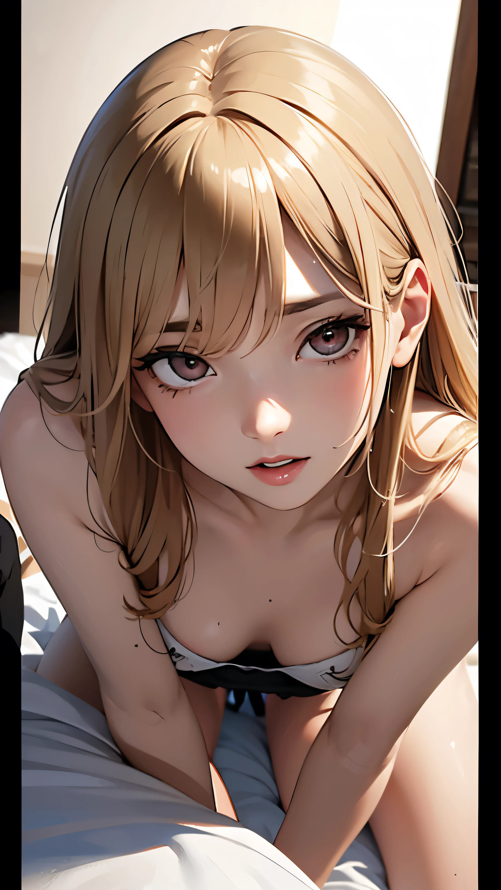 ((Browsing Caution:1.4, masterpiece, Highest quality, High resolution, 超High resolution, Pixel perfect, Written boundary depth, 4K, RTTX10.0, High resolution))), One Girl, single, alone, she, Beautiful Anime Girls, Beautiful art style, Anime characters, (((((short hair、Blonde、lure、joy))))), ((Beautiful eyelashes)), ((Detailed face, Blushing:1.2)), ((Smooth texture:0.75, Realistic texture:0.5, Anime CG Style)), ((Beautiful and large breasts, Cleavage)), indoor, Bedroom, Dynamic Angle, Big Breasts, Perfect body, Underarm, ((Sleeping in bed, (Sleep on your back:1.5), sleepy, close your eyes, Lying in bed, Sleeping posture, Wake up)), ((close, throw, cute, Shoot the body, Sighing expression)), ((red bra color, Red Lingerie)), (Natural light, Reflection of light, Morning Scenery), Embarrassed expression, (Expression of sexual pleasure:1.8), (Expression of unbearable pain:1.2), The expression of someone who is holding back from going to the toilet, twist, Raise your hand