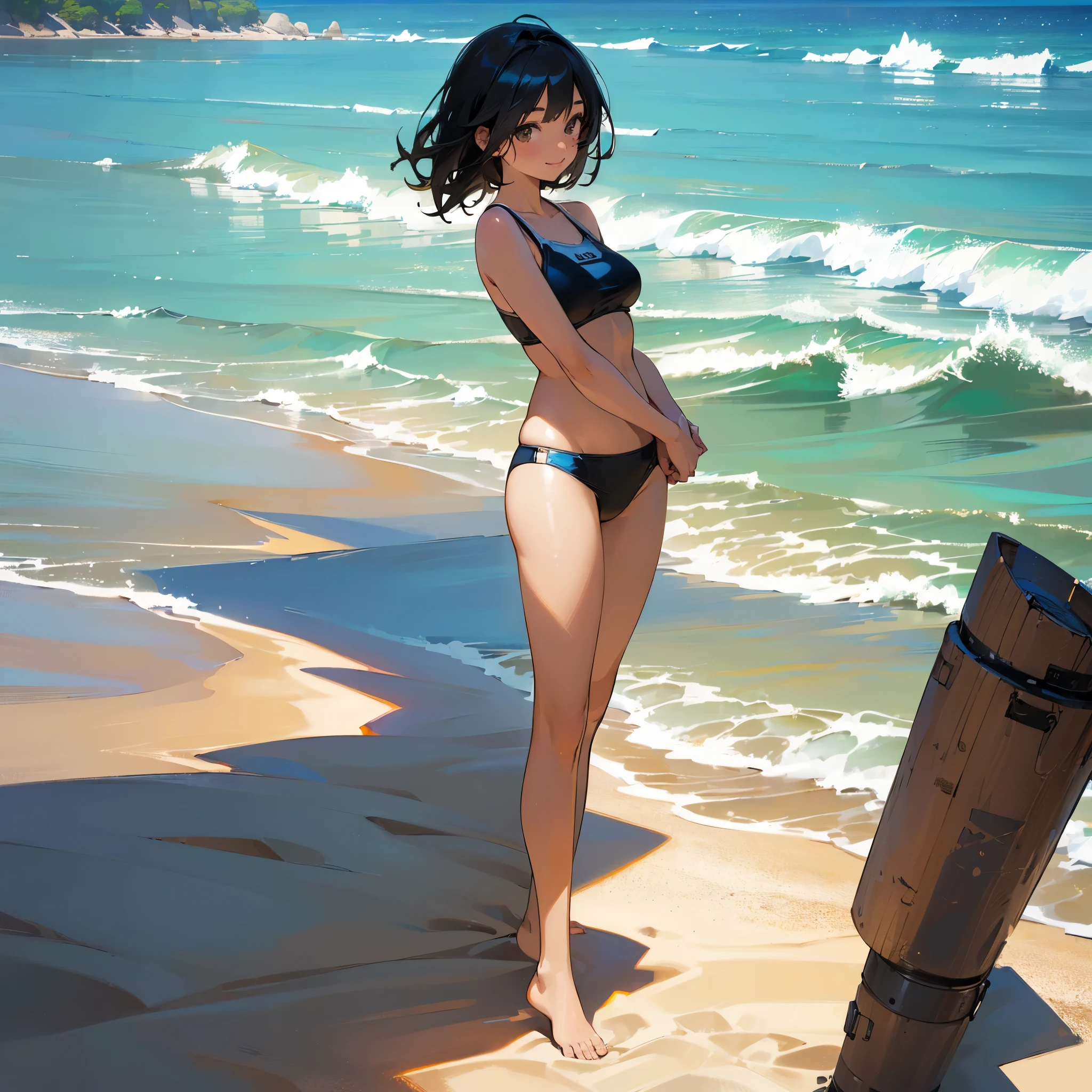 (high quality, High resolution, Very detailed, reality:1.37), Peaceful atmosphere, (Sandy Beach), Teenage girl standing alone, (my breasts are big.), Beautiful details, Cute Smile, (Black bob hair), Swimwear, barefoot.