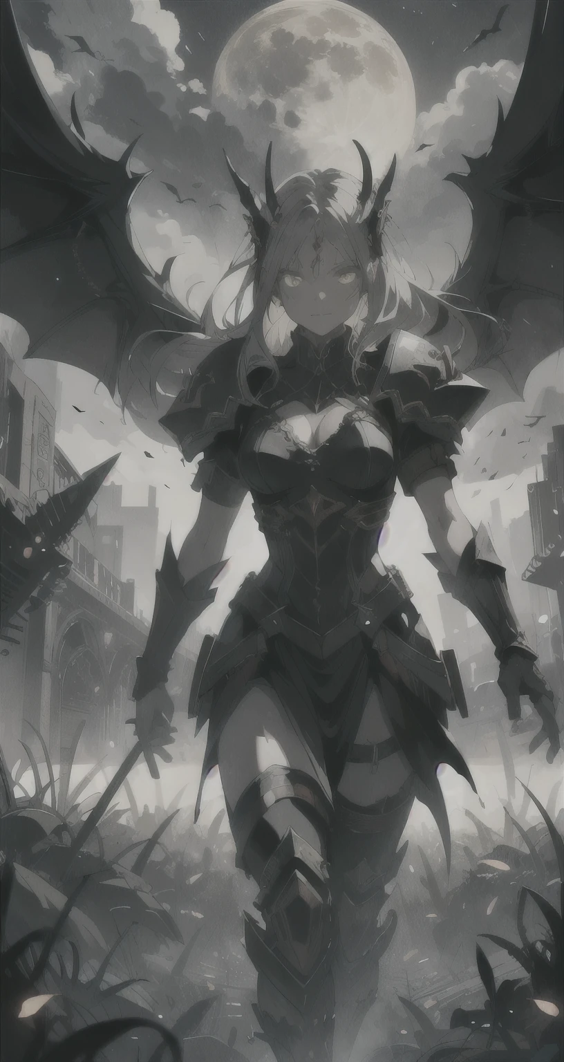 a vampire with bright glowing eyes walking on dead bodies in an apocalyptic Armageddon landscape, yellow moon, angel wings, war, beasts, soldiers, detailed face, portrait, cinematic lighting, muted color palette, dark moody atmosphere, highly detailed, 8k, photorealistic, dramatic