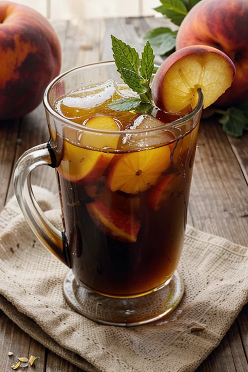 Create a peach and mint infused black tea drink sweetened with natural syrup