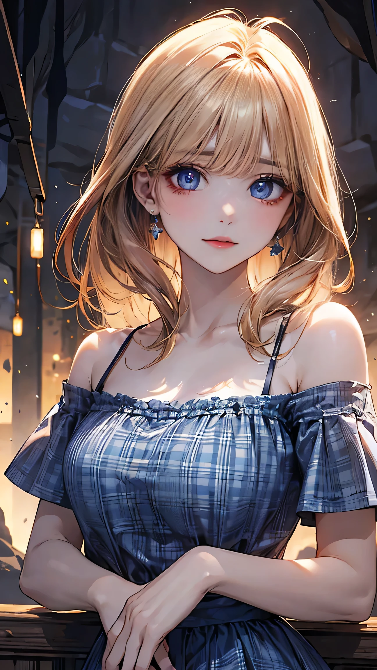 1girl, White off-shoulder、Woman with long red hair, Blue and yellow frilled skirt mini、Skirt lift up、 Beautiful illustrations, (Natural Side Lighting, Cinema Lighting), Looking at the audience, Detailed and perfect face, Symmetrical cute face, Shiny skin, Baby Face, Tie your bangs back, black eye, Long eyelashes, Large , Big Ass, Bihighs,Beautiful Hair, Beautiful Face, Beautiful clavicle, Beautiful body, Beautiful breasts, Bl thighs, Beautiful feet, (Beautiful views),(cute), 16-year-old girl,anic cotton thick checkered summer camisole dress), (A large head ribbon with the same pattern), (Blonde semi-long hair), summer, (Upper body portrait)、masterpiece, 最high quality, high quality, High resolution, (In a dimly lit cave),