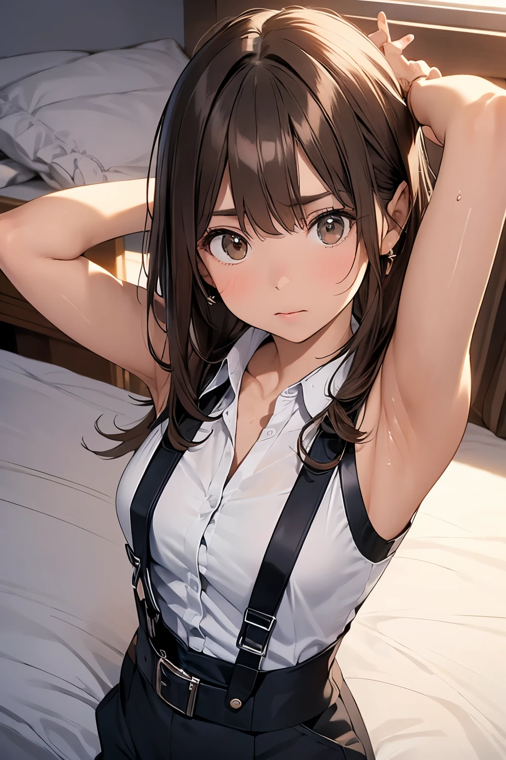 Brown Hair、Staring at the audience　　　Black suspenders　　　bulging big breasts　　 　 　　　wall: 　Black pantsuit　　　　　　sight　　　Small face　 　　　holster　　　Beautiful woman　　Show your hand　　 Lying in bed　　sight 　　Taunt　side　side汗 　arm　Dress shirt　Black Suit　belt　summer　Armpit sweat