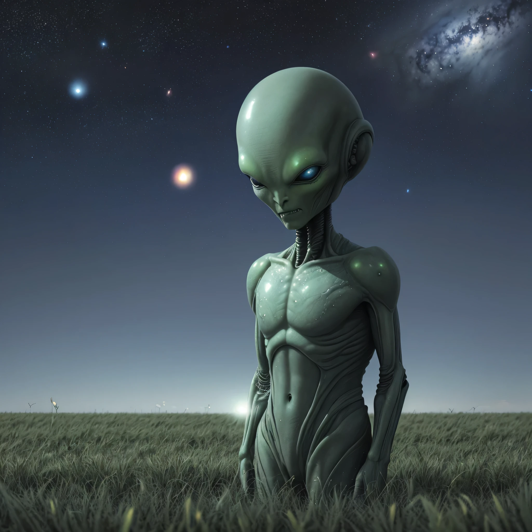An alien really sad, In a grassy field, galaxy on background