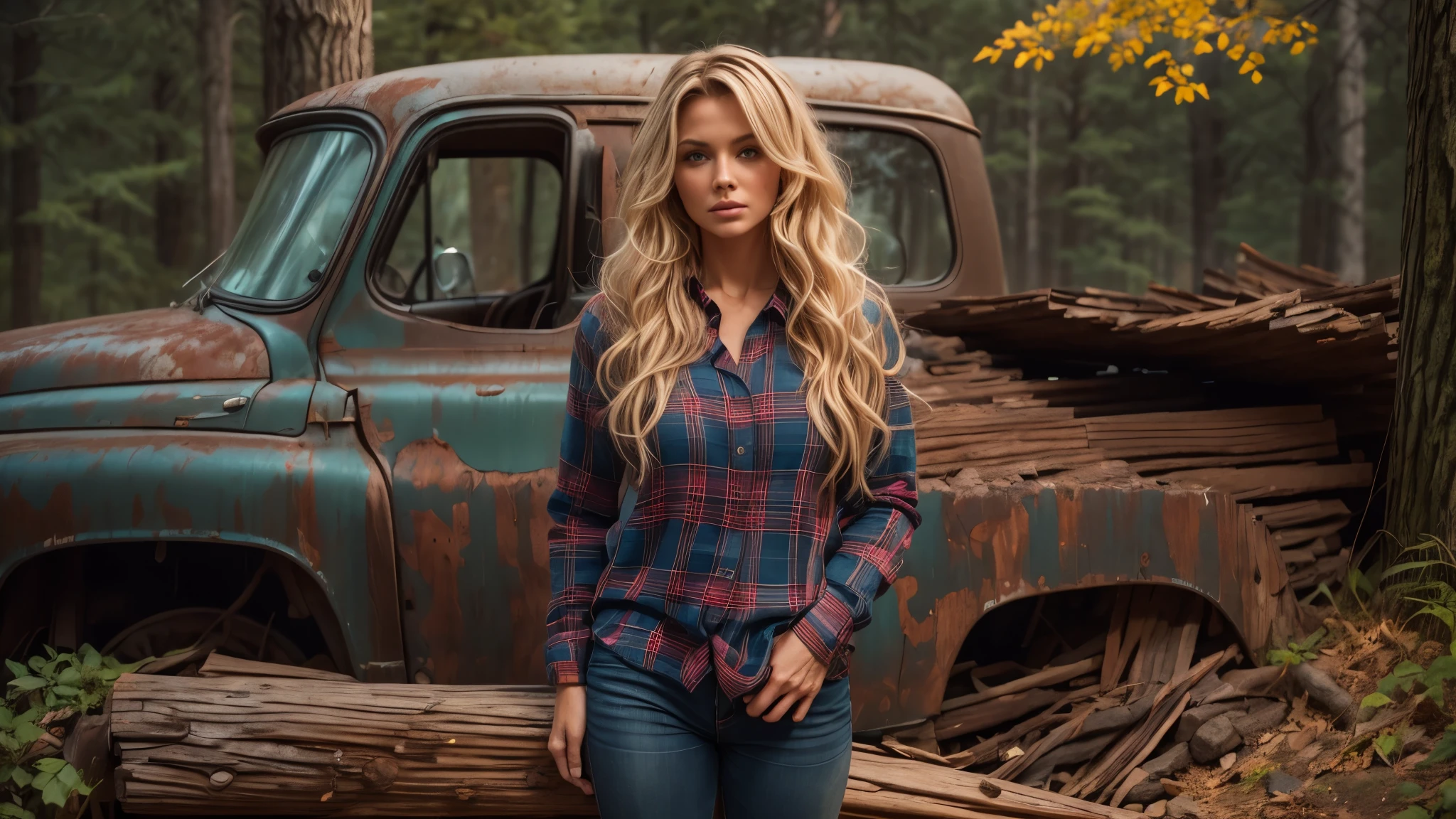cabin in the woods, front porch, wood pile, rusty truck on cinderblocks, dense trees, dark woods, Beautiful woman, plaid long-sleeved flannel shirt, long wavy blonde hair, 