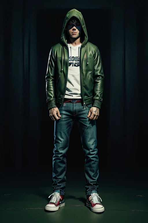 Man in hoodie Hooded and on top green Dark leather jacket on top and darkened face cap and jeans and converse sneakers Heroic Presence Serious and strong pose Standing Rolled-up sleeves 