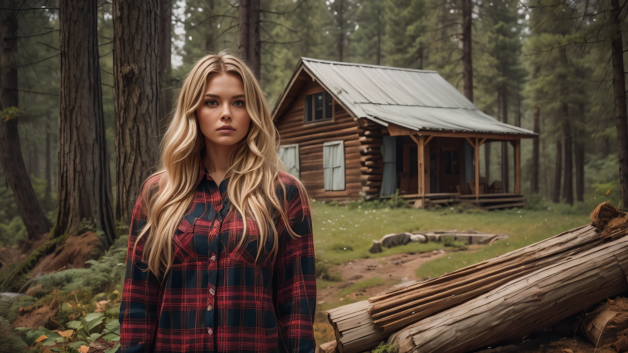 cabin in the woods, front porch, wood pile, rusty truck on cinderblocks, dense trees, dark woods, Beautiful woman, plaid long-sleeved flannel shirt, long wavy blonde hair,