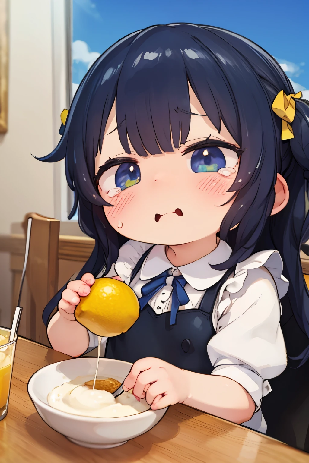 best quality, masterpiece, super deformed, eating lemon, sour expression, tears