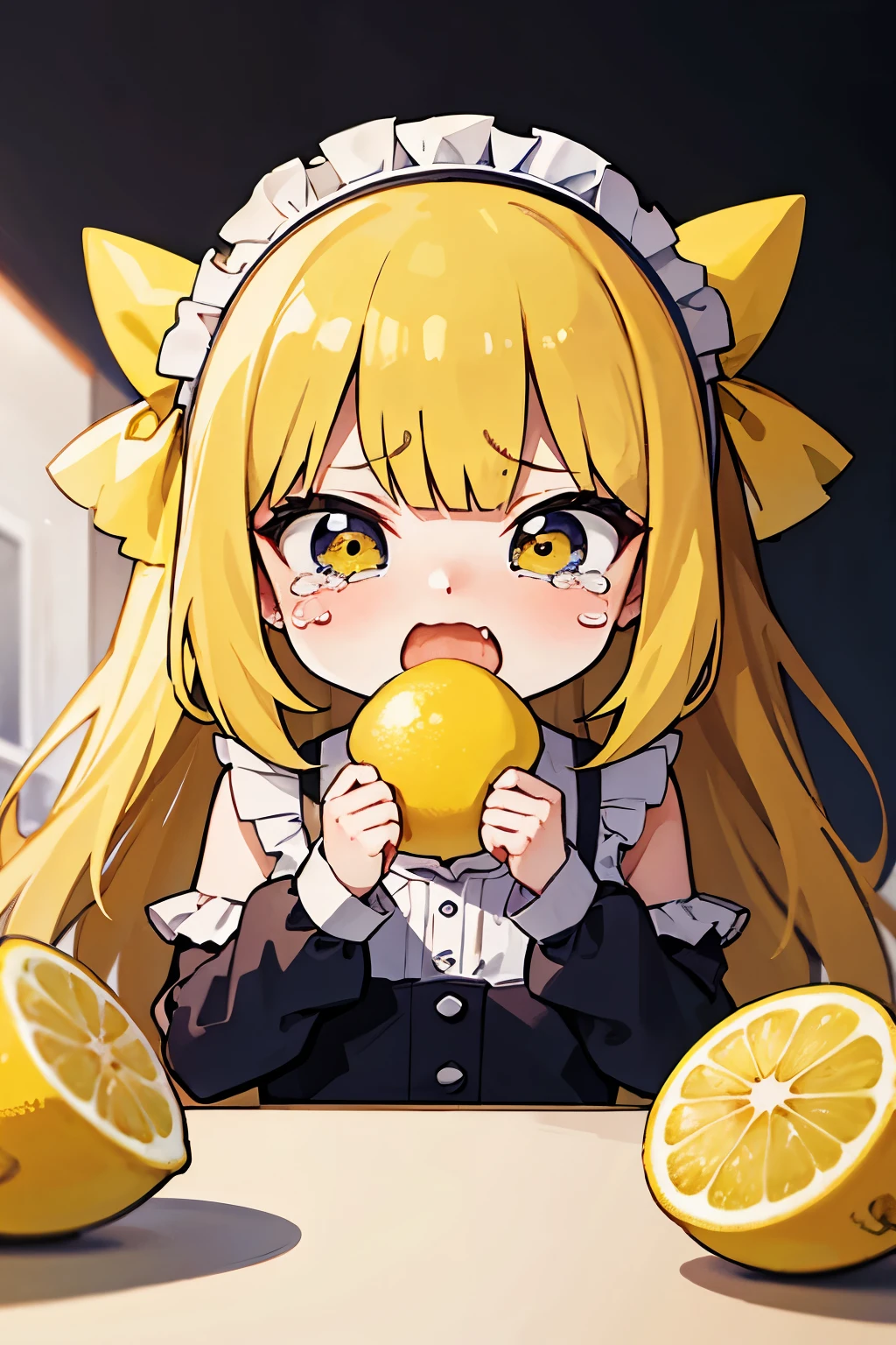 best quality, masterpiece, super deformed, eating lemon, sour expression, tears