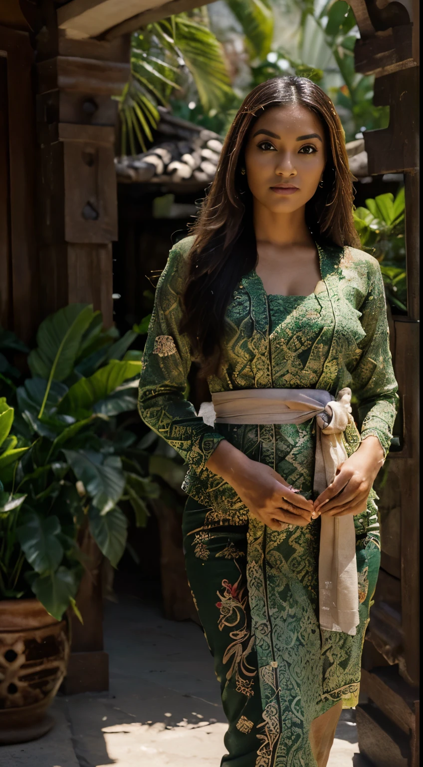 Photorealistic production, (Uma pessoa), (Realistic image of a 25 year old indonesian model), (Cabelo preto ondulado na altura dos ombros:1.6), (Athletic Body Builds:1.4), (pale skin:1.4), (Usando um vestido Kebaya verde ornamentado com tecido de seda e joias douradas:1.6), (serious face), (decote profundo), (pose elegante:1.6), centrado, (tiro da cintura para cima:1.4), Da foto frontal, detalhes insanos, detalhe intrincado do rosto, intricate hand details, Cinematic filming and lighting, cores realistas, Obra de arte, sharp focus, ultra detalhado, Taken with DSLR camera, Fotografia realista, profundidade de campo, Ambiente e cena incrivelmente realistas, Master Composition and Cinematography,estilo Castlevania