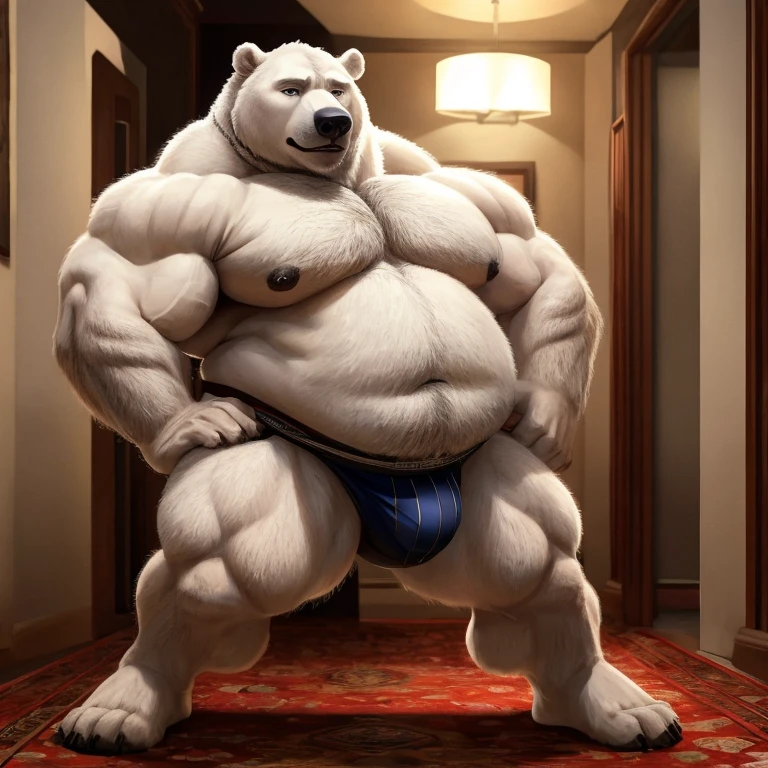 ((Masterpiece)),((Hight quality)),((Hught Detailed)),((Realistic,)) Anime Artistic masterpiece art, Obese muscle Polar bear (massive obese, strong legs and arms, hairy, incredibly big looking) Long shot photo, Real life, Polar bear (Massive, broad shoulders, strong legs and arms, hairy) Obese muscle citizen (massive obese, strong legs and arms, hairy, incredibly big looking), Disney Zootopia movie character, Anatomy of character, He is a sexual companion waiting for his client in a hotel room dressed only in a sports jockstrap, as it is his first time he is a little embarrassed but he makes up for it with a sexy dance