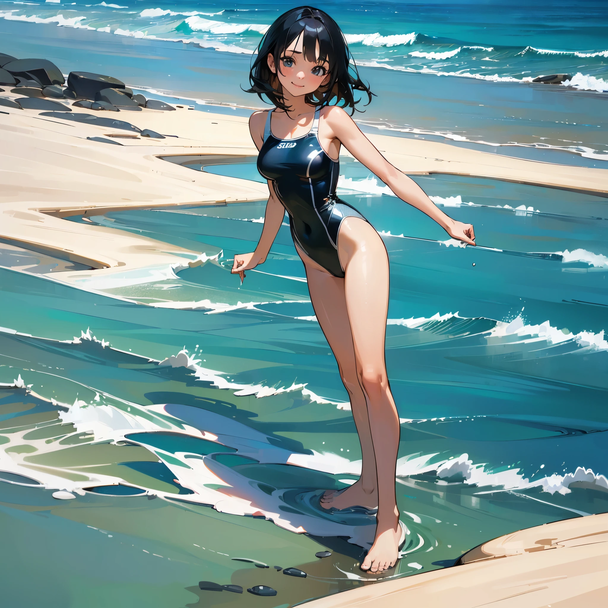 (high quality, High resolution, Very detailed, reality:1.37), Peaceful atmosphere, (Sandy Beach), age girl standing alone, (my breasts are big.), Beautiful details, Cute Smile, (Black bob hair), Cute one piece swimsuit, barefoot.
