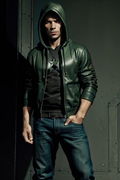 Man in hoodie Hooded and on top green Dark leather jacket on top and darkened face cap and jeans and converse sneakers Heroic Presence Serious and strong pose Standing Rolled-up sleeves 