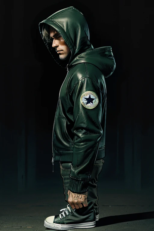 Man in hoodie Hooded and on top green Dark leather jacket on top and darkened face cap and jeans and converse sneakers Heroic Presence Serious and strong pose Standing Rolled-up sleeves