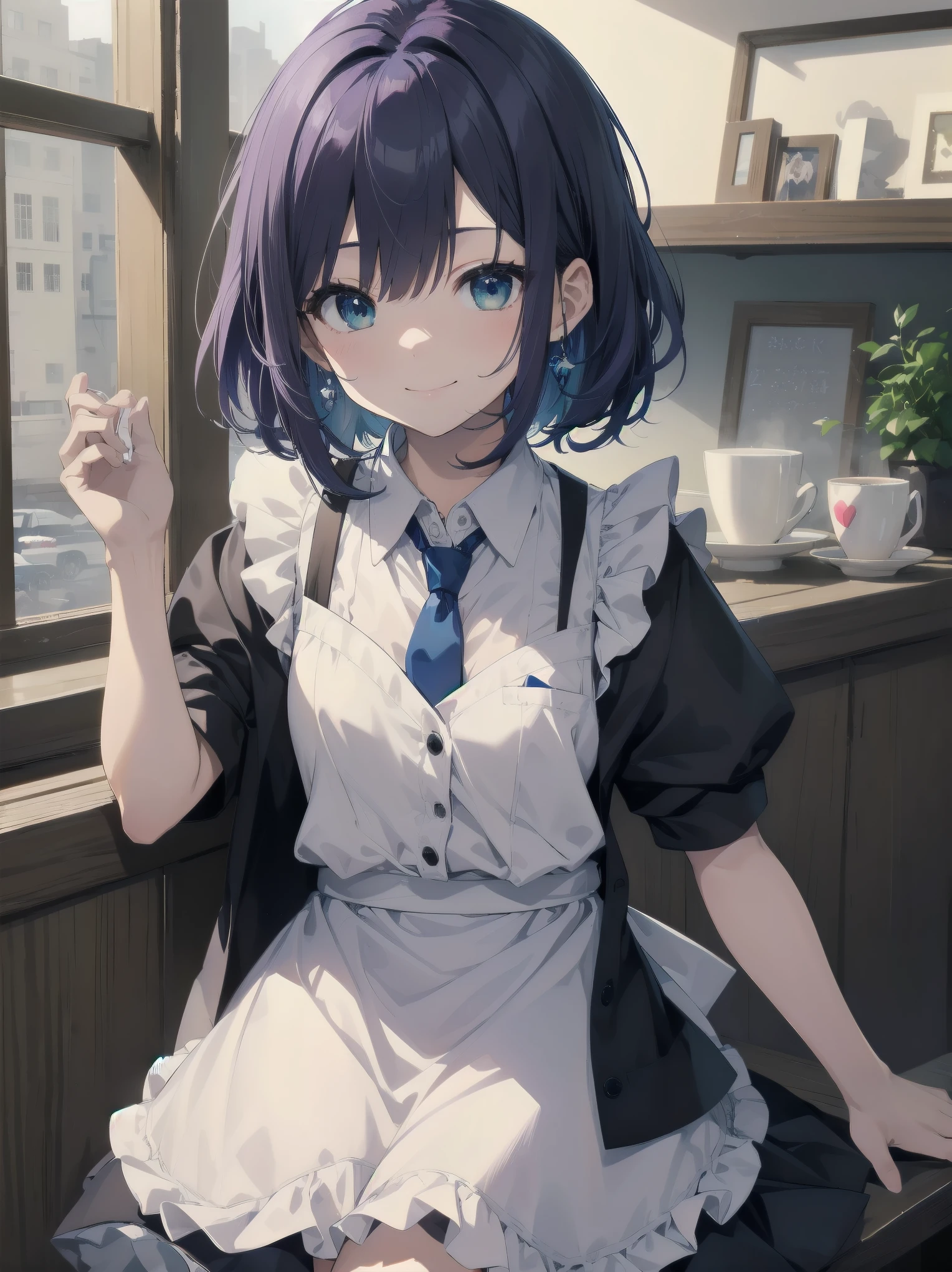 Masterpiece, top quality, super detailed, 16k, Kawaii, pastel colours, soft light, watercolour, small super cute girl, maid, simple maid outfit with long skirt type, cute illustration, classical type coffee shop, smiling,. 
Blake.

akane kurokawa, 1girl, short hair, blue hair, green eyes, black hair, medium hair, white shirt, collared shirt, , vest, white shirt, sweater vest, black vest, blue necktie, one-length bob, create bangs, add some lightness to the area around the face, and leave the ends of the hair thick throughout. dark blue-purple hair, blue eyes,anime