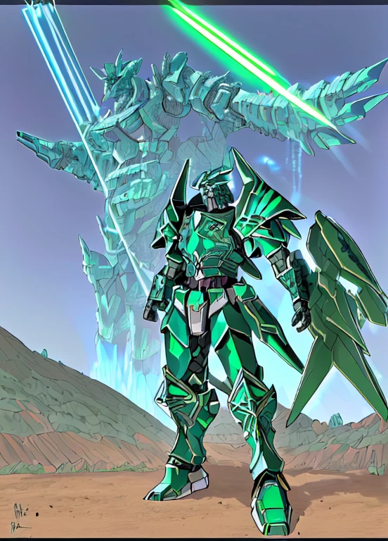 masterpiece, highest quality, Mecha, No humans, (Full body spikes), (green & bule armor Mecha:1.5), (axial symmetry:1.4),(High resolution), (Cinematic Light:1.1), blue eyes, SF, fire, Laser cannon beam, war, Conflict,, Carries a very large, spiky sword,Agave farm in the background,Real